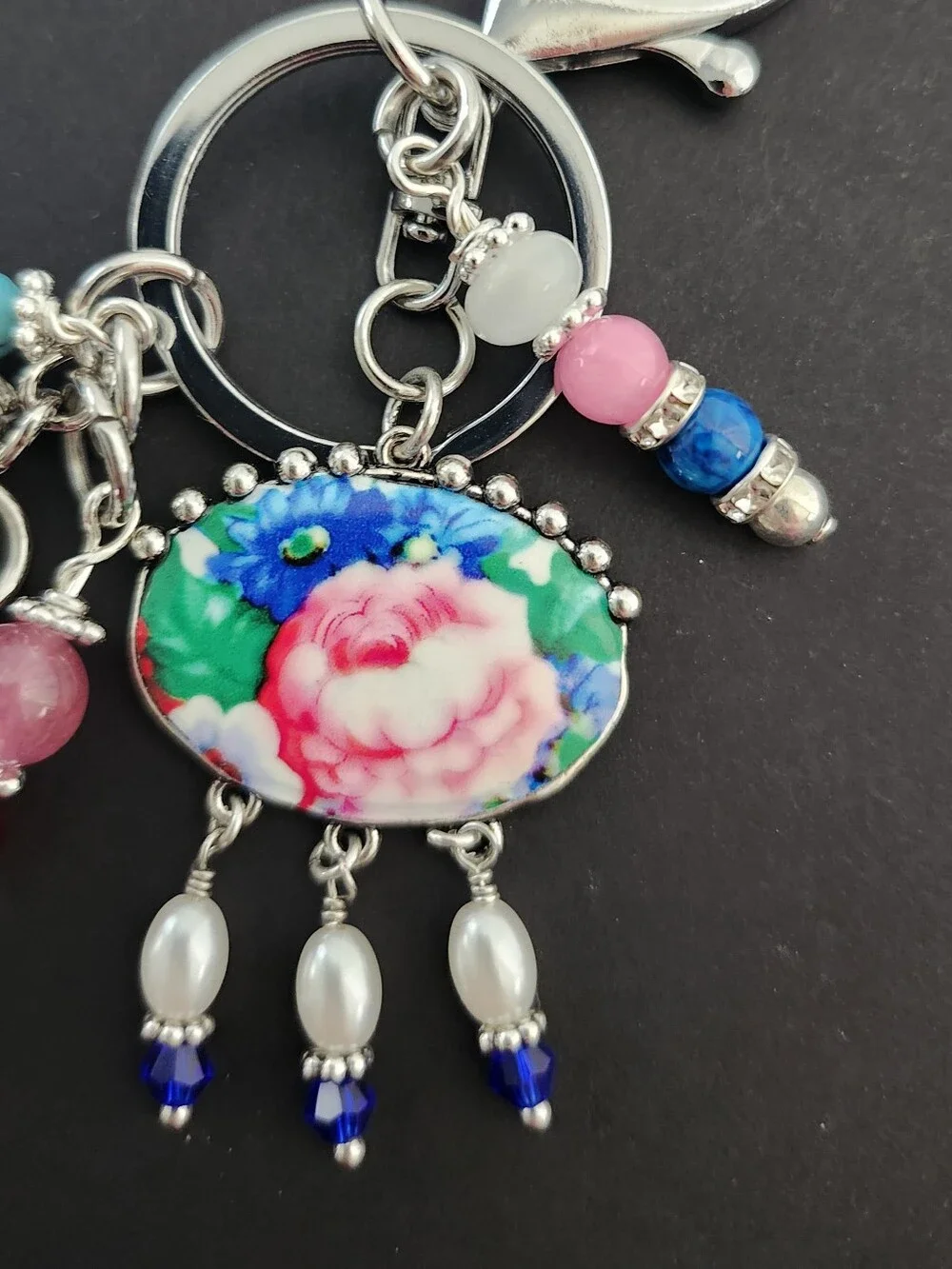 Floral Purse Charm or Keychain Agate Aventurine Sodalite Jade Handcrafted